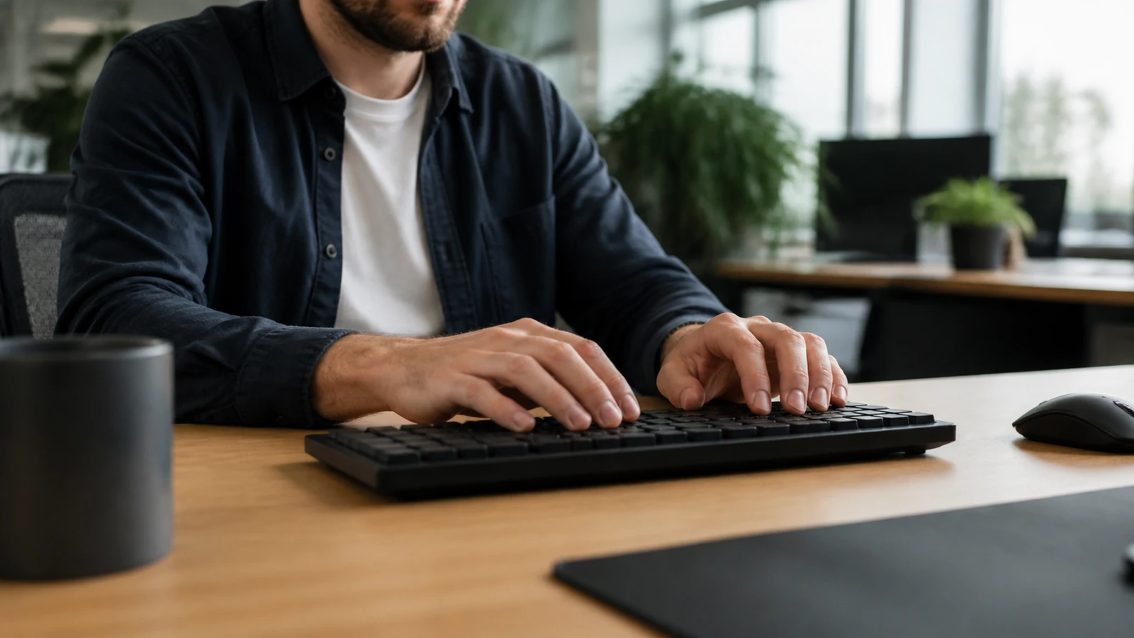 Personne seule tapant sur un clavier, bureau de travail